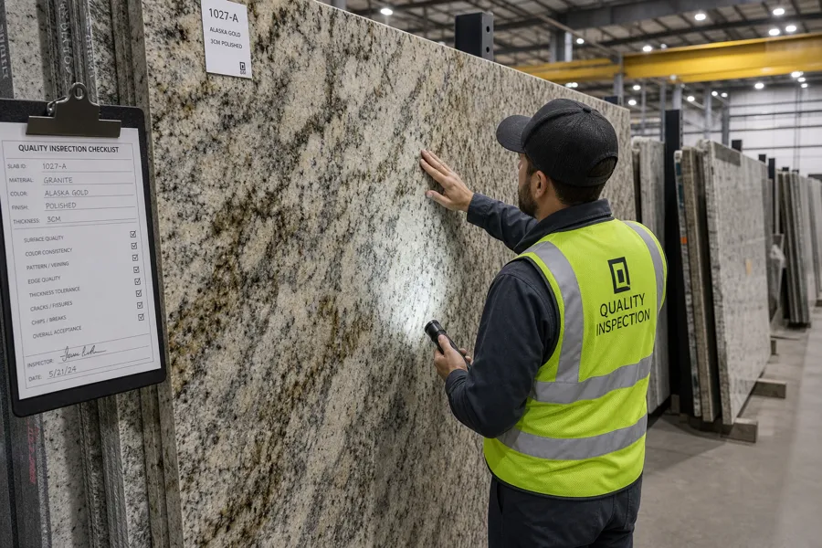 Premium granite and marble slabs in Prima Vista warehouse